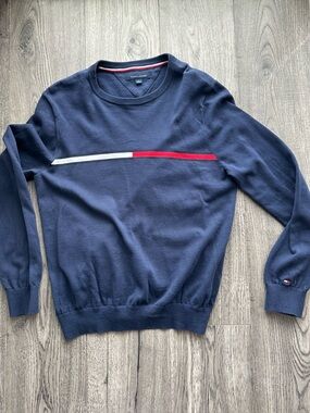 Tommy Hilfiger Navy Crew Sweater with Red & White Chest Stripe